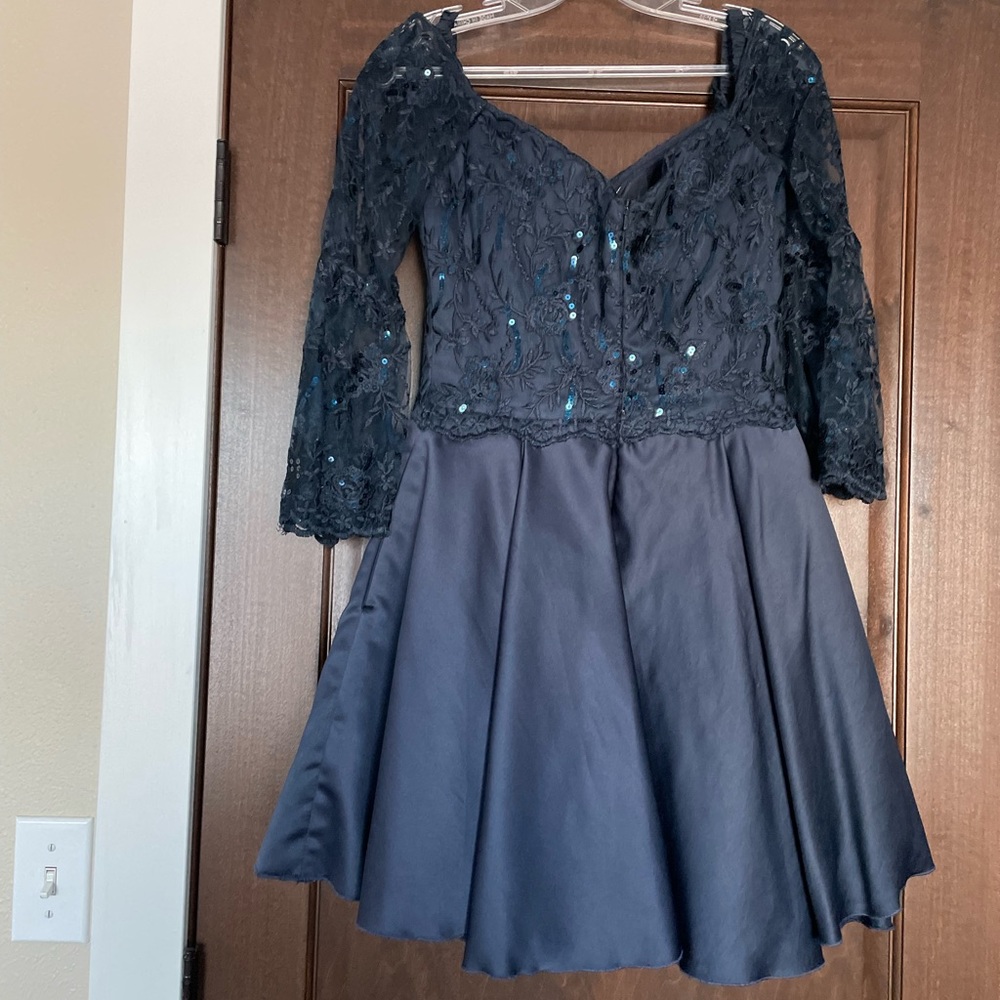 Navy Mori Lee Off the Shoulder Homecoming Dress